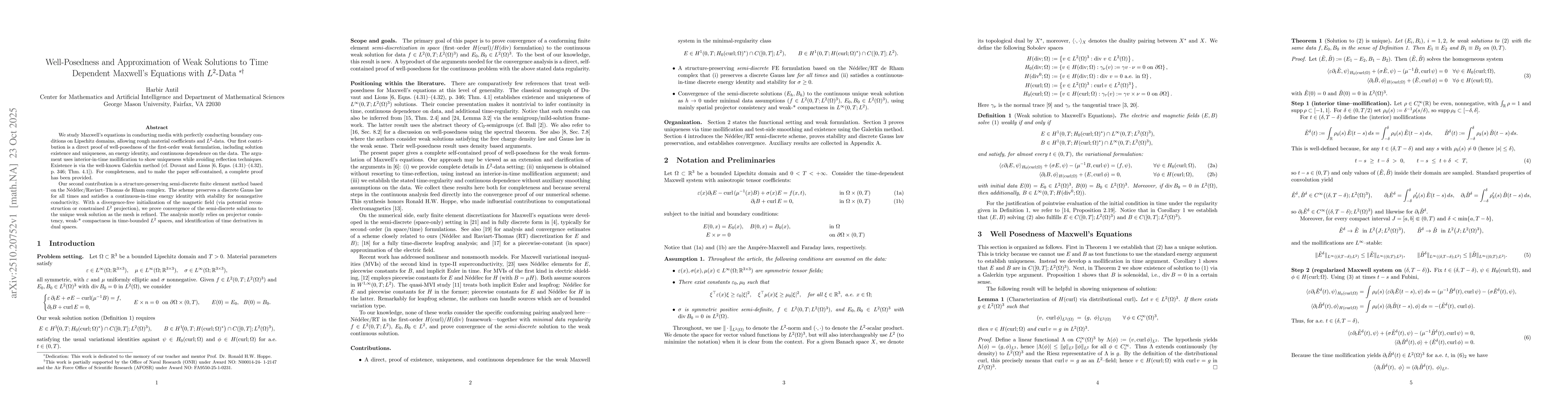 Thumbnail for Well-Posedness and Approximation of Weak Solutions to Time Dependent
  Maxwell's Equations with $L^2$-Data