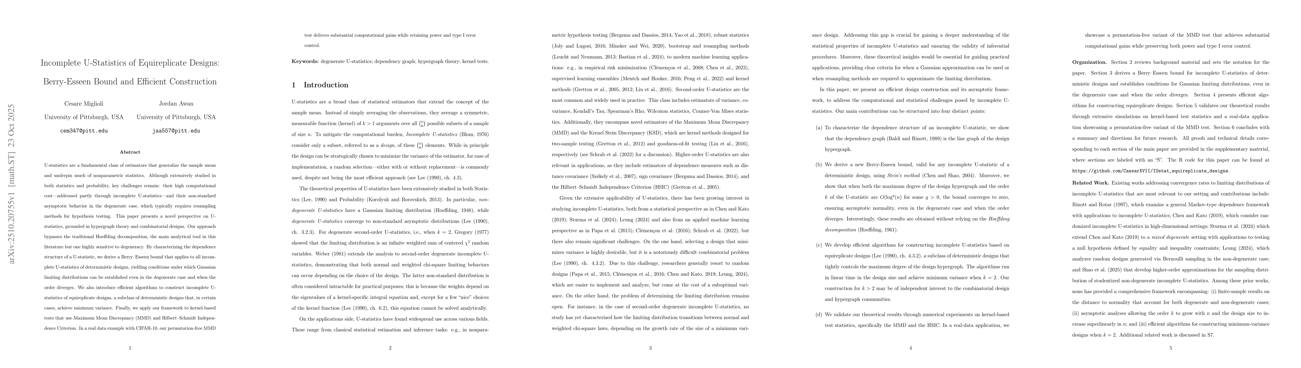 Thumbnail for Incomplete U-Statistics of Equireplicate Designs: Berry-Esseen Bound and
  Efficient Construction