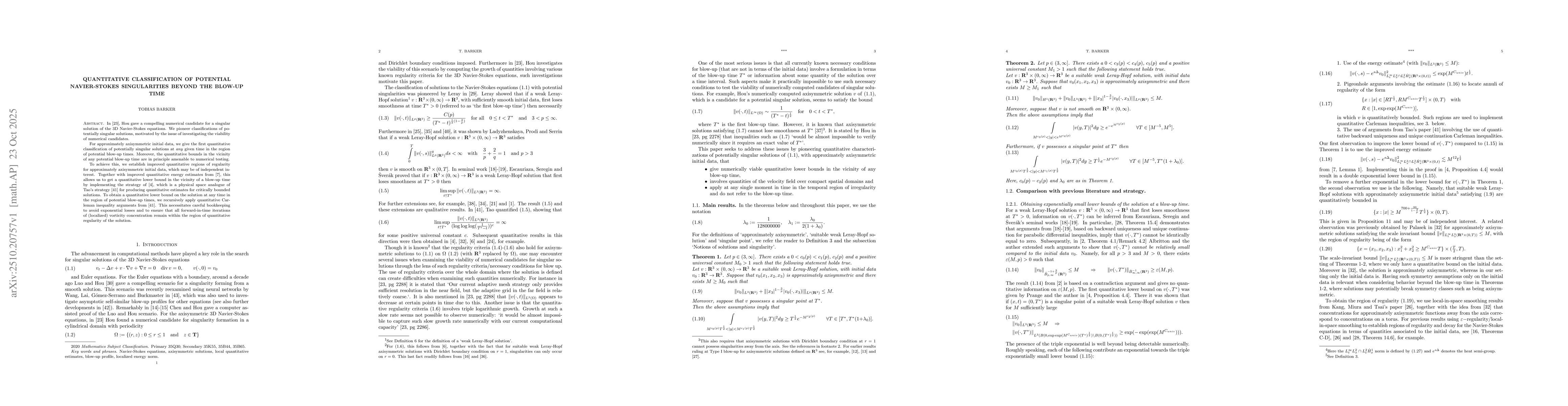 Thumbnail for Quantitative classification of potential Navier-Stokes singularities
  beyond the blow-up time