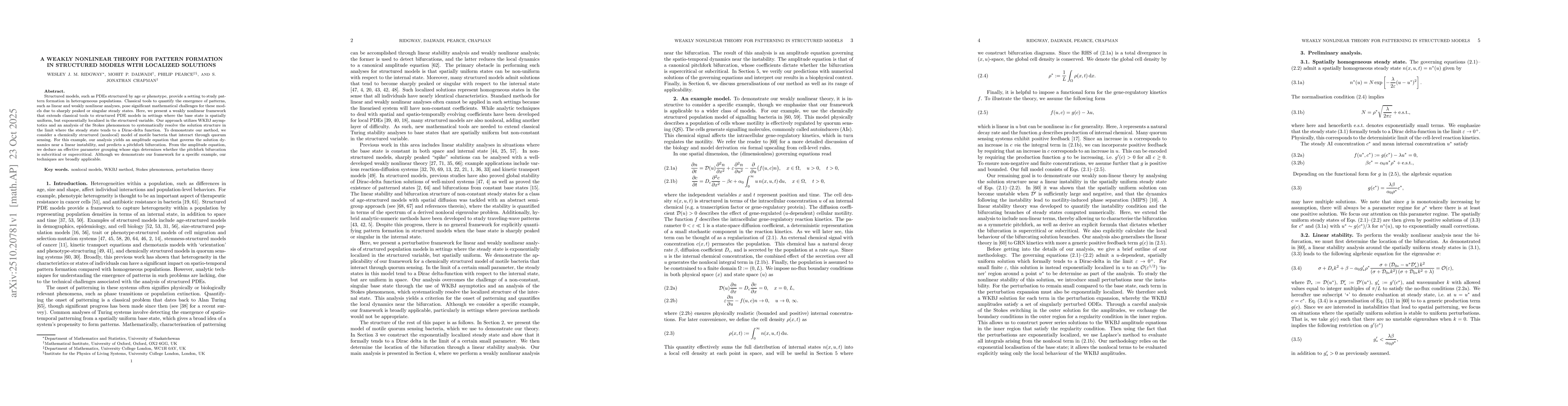 Thumbnail for A Weakly Nonlinear Theory for Pattern Formation in Structured Models
  with Localized Solutions