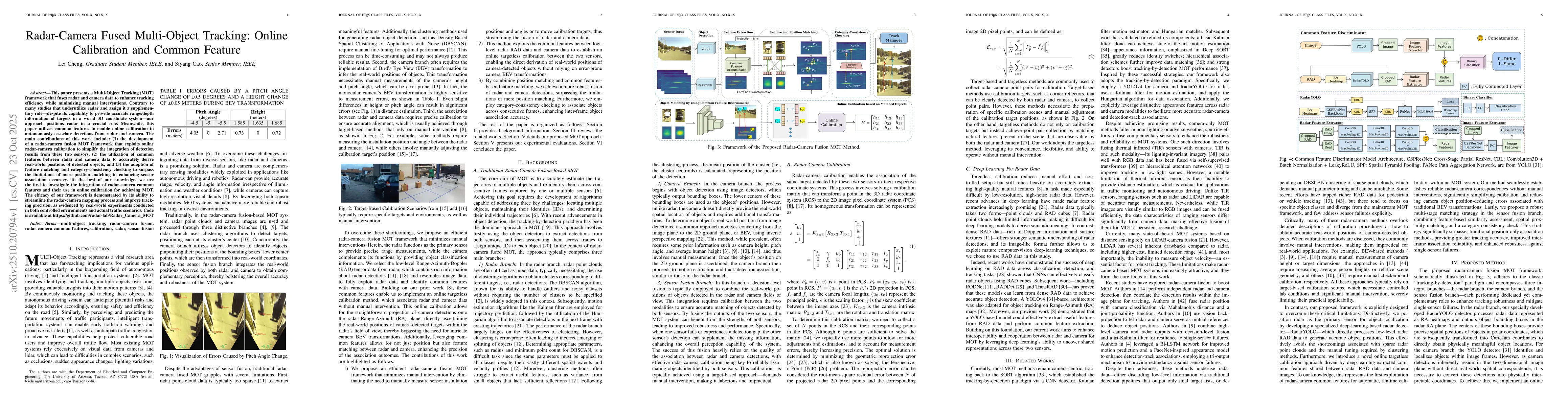 Thumbnail for Radar-Camera Fused Multi-Object Tracking: Online Calibration and Common
  Feature