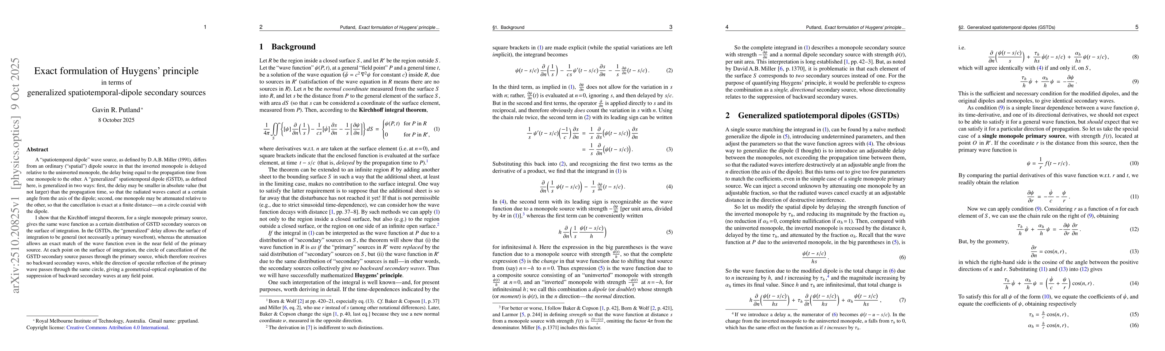Thumbnail for Exact formulation of Huygens' principle in terms of generalized
  spatiotemporal-dipole secondary sources
