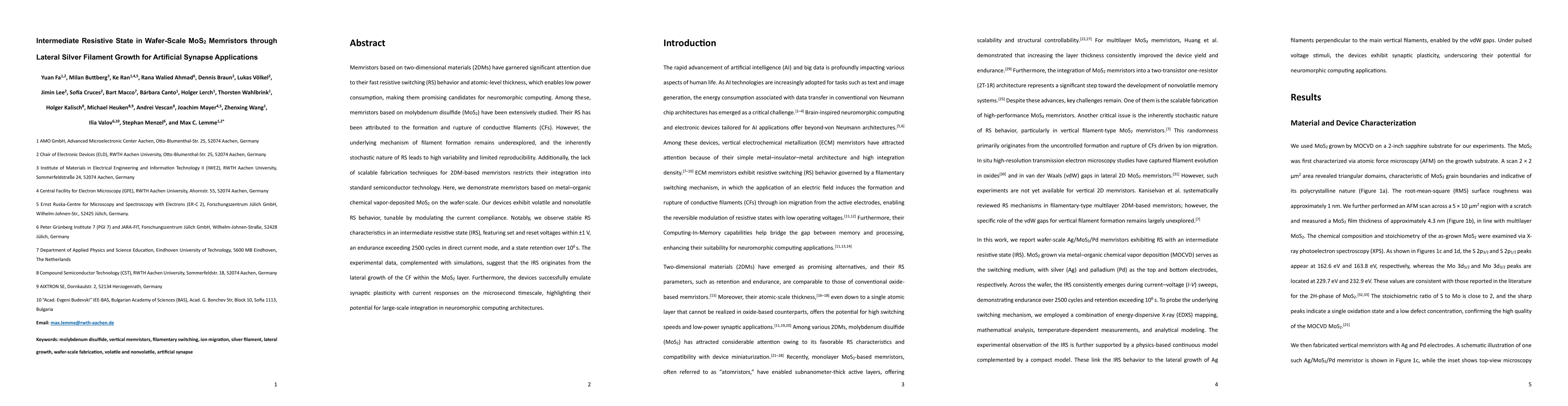 Thumbnail for Intermediate Resistive State in Wafer-Scale MoS${_2}$ Memristors through
  Lateral Silver Filament Growth for Artificial Synapse Applications