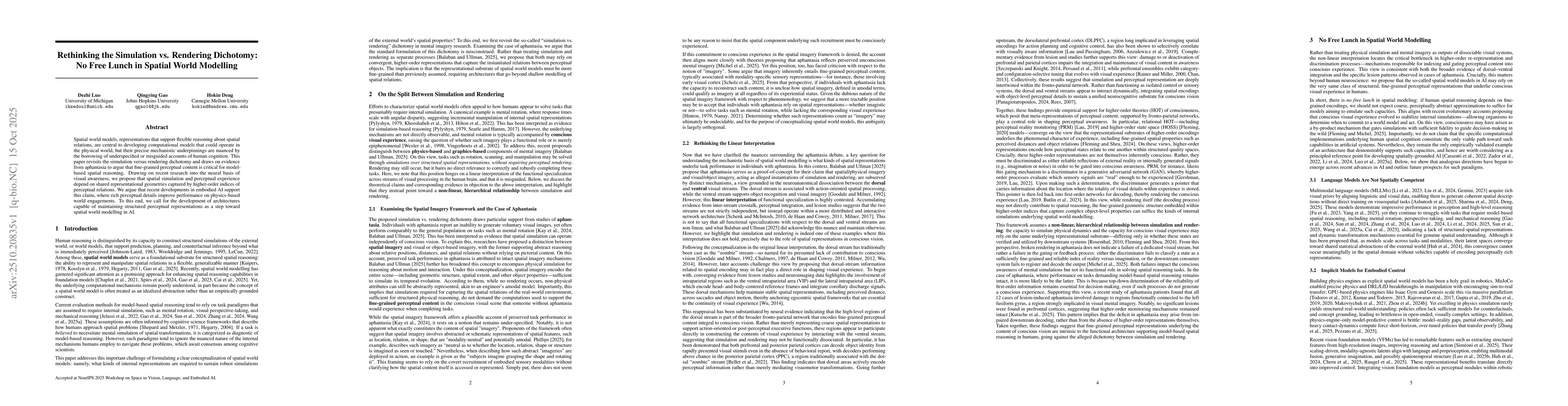 Thumbnail for Rethinking the Simulation vs. Rendering Dichotomy: No Free Lunch in
  Spatial World Modelling