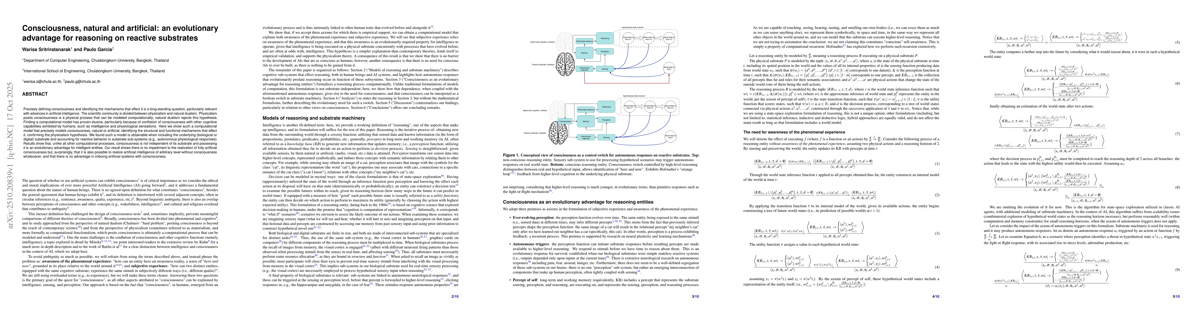 Thumbnail for Consciousness, natural and artificial: an evolutionary advantage for
  reasoning on reactive substrates