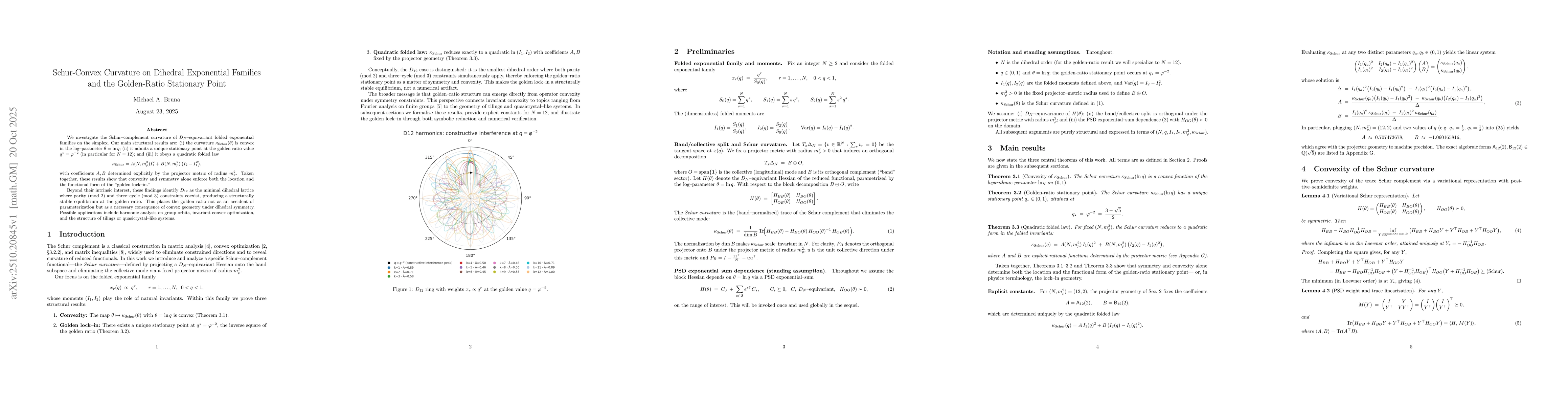 Thumbnail for Schur-Convex Curvature on Dihedral Exponential Families and the
  Golden-Ratio Stationary Point