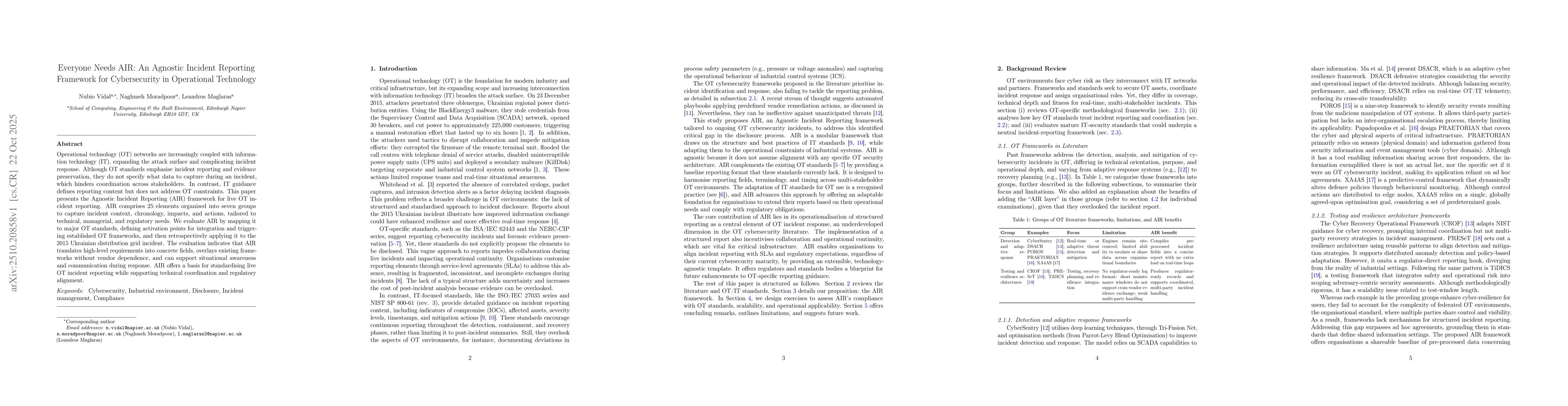 Thumbnail for Everyone Needs AIR: An Agnostic Incident Reporting Framework for
  Cybersecurity in Operational Technology