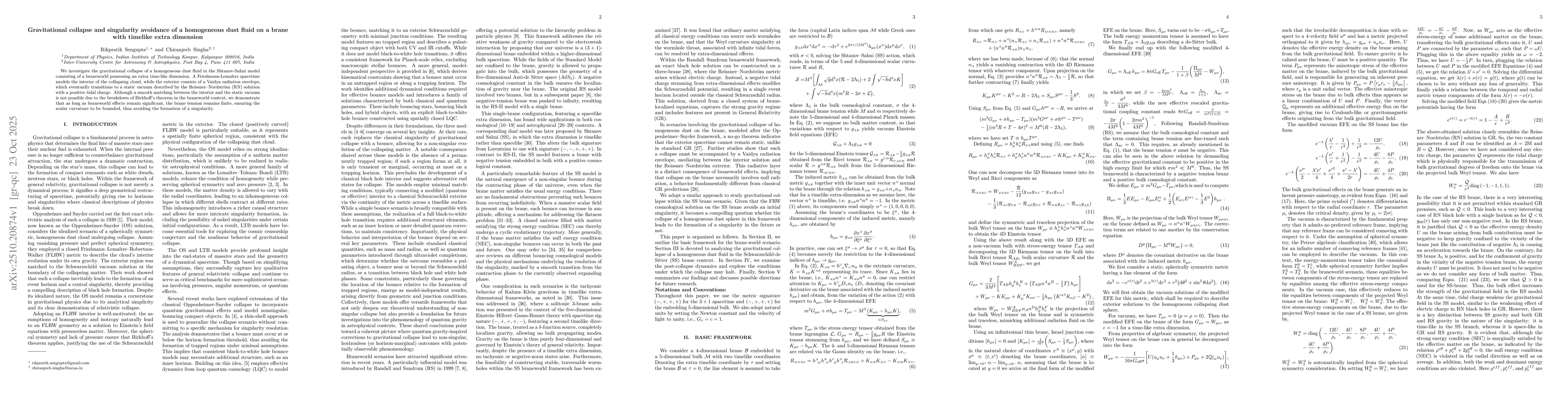 Thumbnail for Gravitational collapse and singularity avoidance of a homogeneous dust
  fluid on a brane with timelike extra dimension