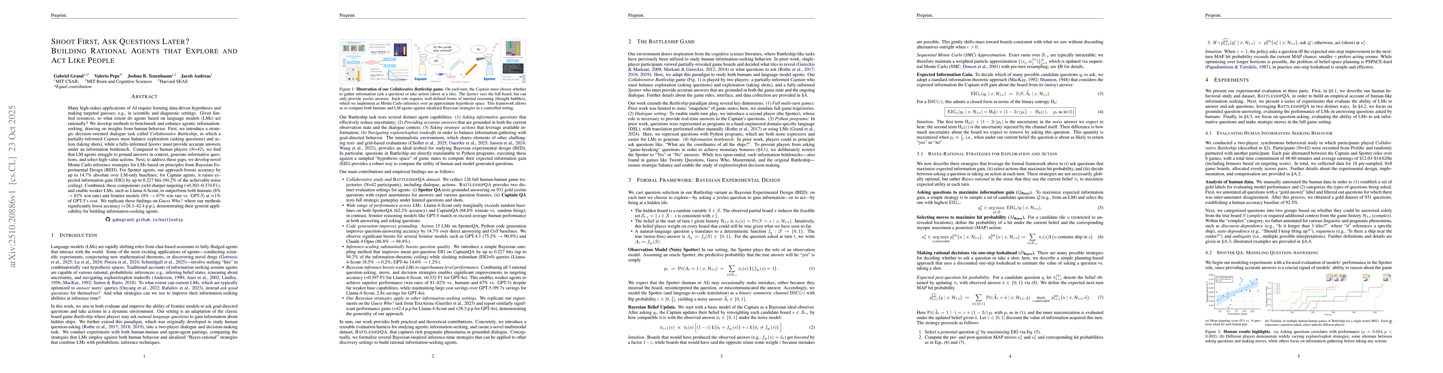 Thumbnail for Shoot First, Ask Questions Later? Building Rational Agents that Explore
  and Act Like People