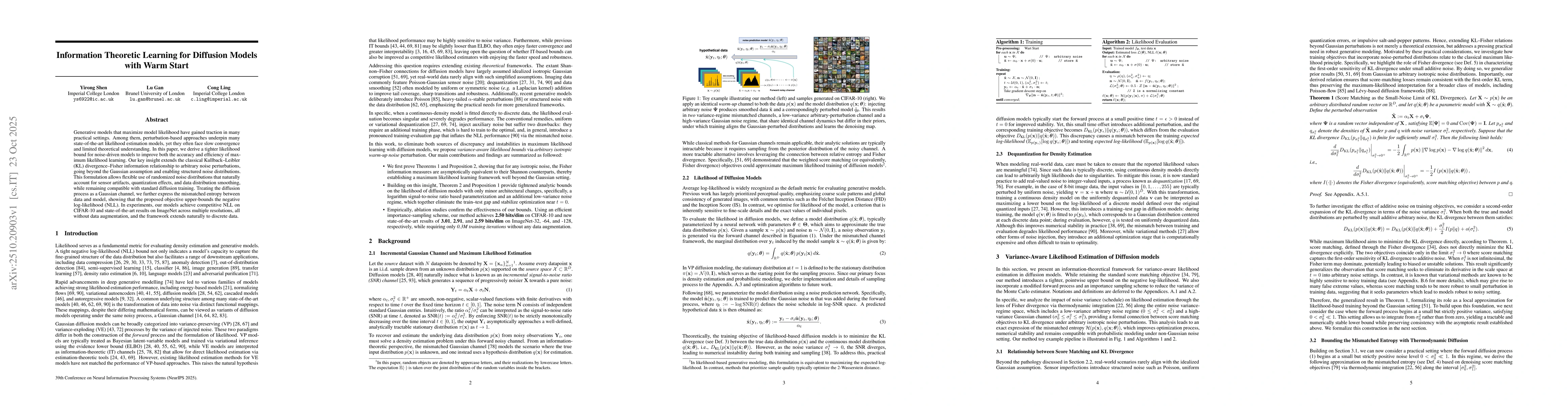 Thumbnail for Information Theoretic Learning for Diffusion Models with Warm Start