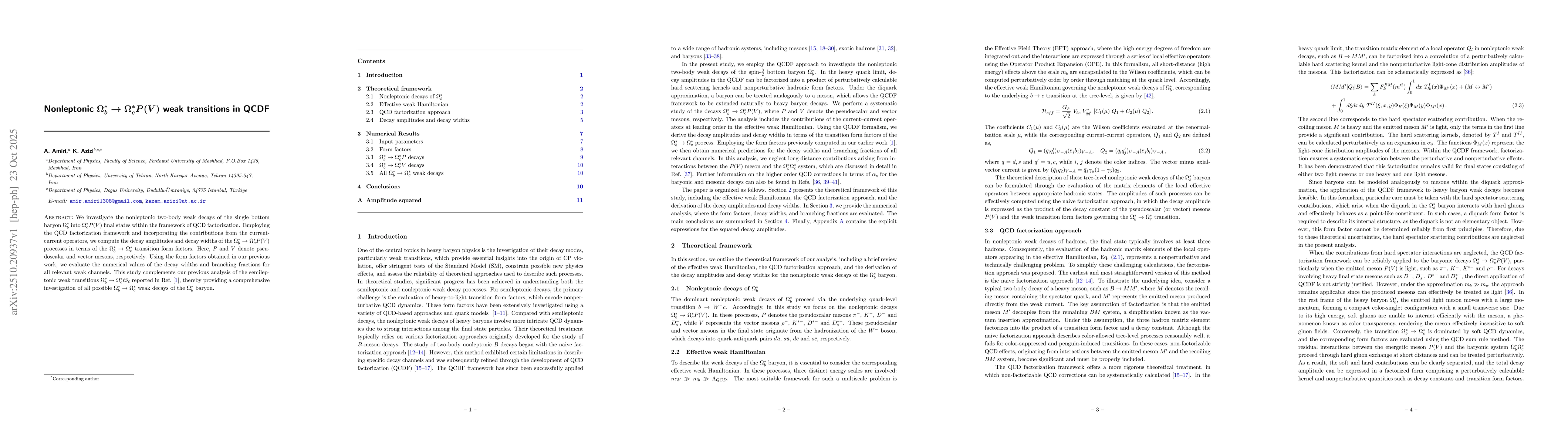 Thumbnail for Nonleptonic $Ω_{b}^{*}\rightarrowΩ_{c}^{*} P(V)$ weak
  transitions in QCDF