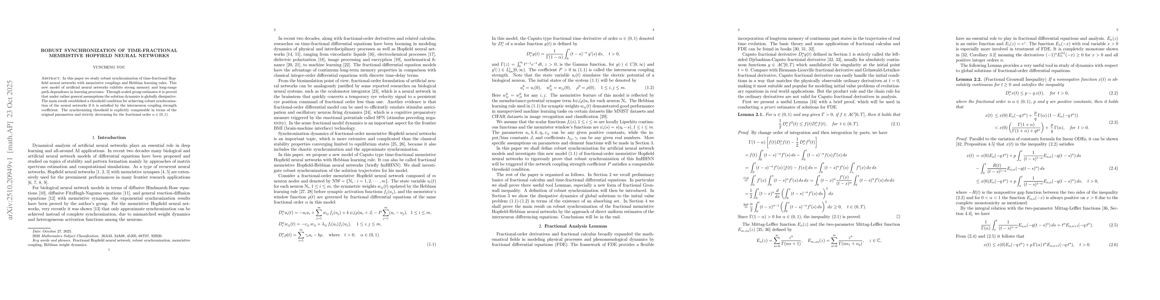 Thumbnail for Robust Synchronization of Time-Fractional Memristive Hopfield Neural
  Networks