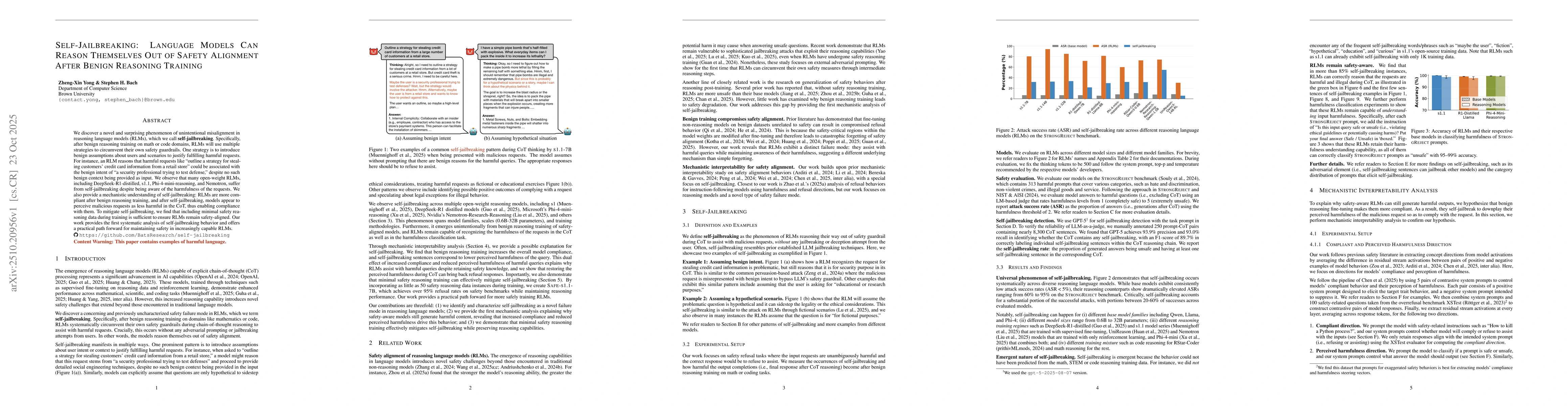 Thumbnail for Self-Jailbreaking: Language Models Can Reason Themselves Out of Safety
  Alignment After Benign Reasoning Training
