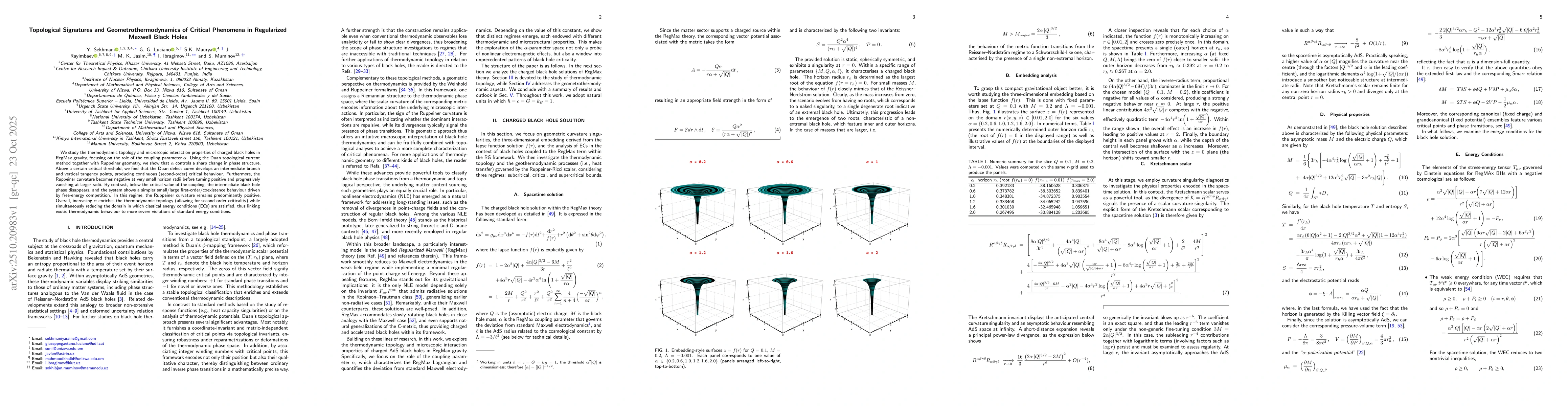 Thumbnail for Topological Signatures and Geometrothermodynamics of Critical Phenomena
  in Regularized Maxwell Black Holes