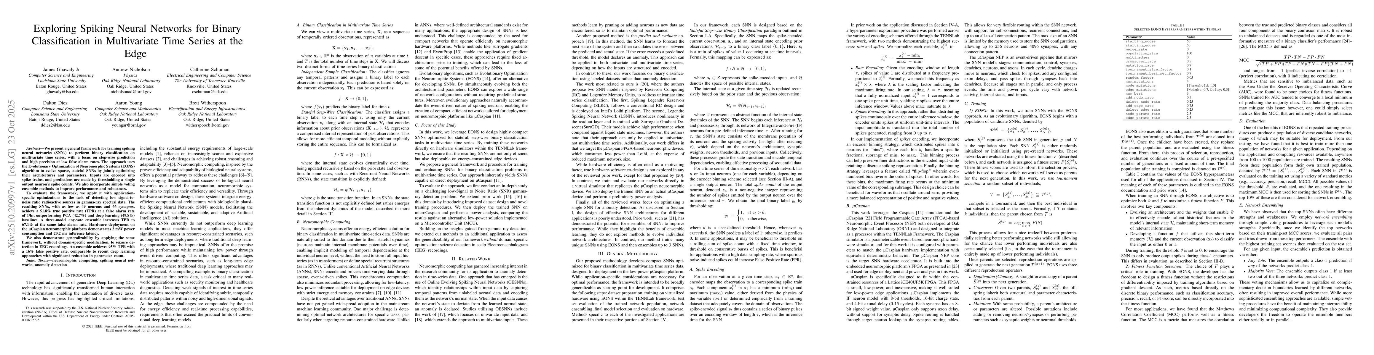 Thumbnail for Exploring Spiking Neural Networks for Binary Classification in
  Multivariate Time Series at the Edge