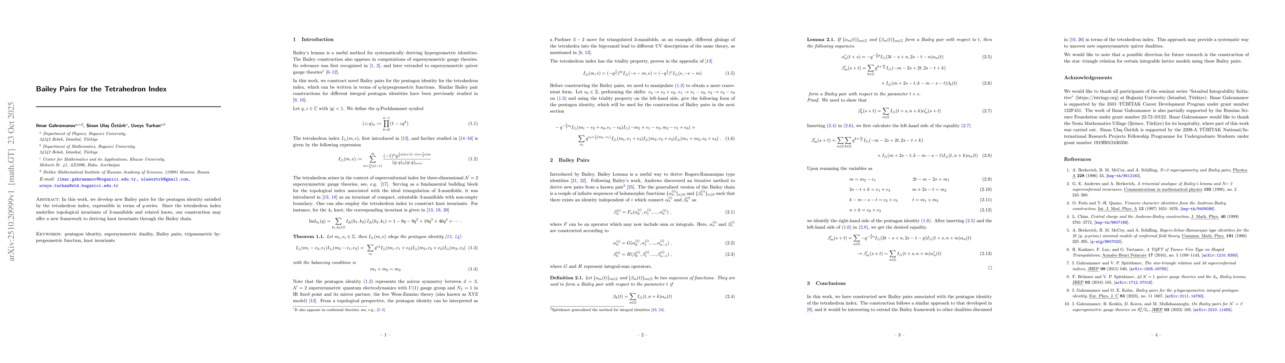 Thumbnail for Bailey Pairs for the Tetrahedron Index