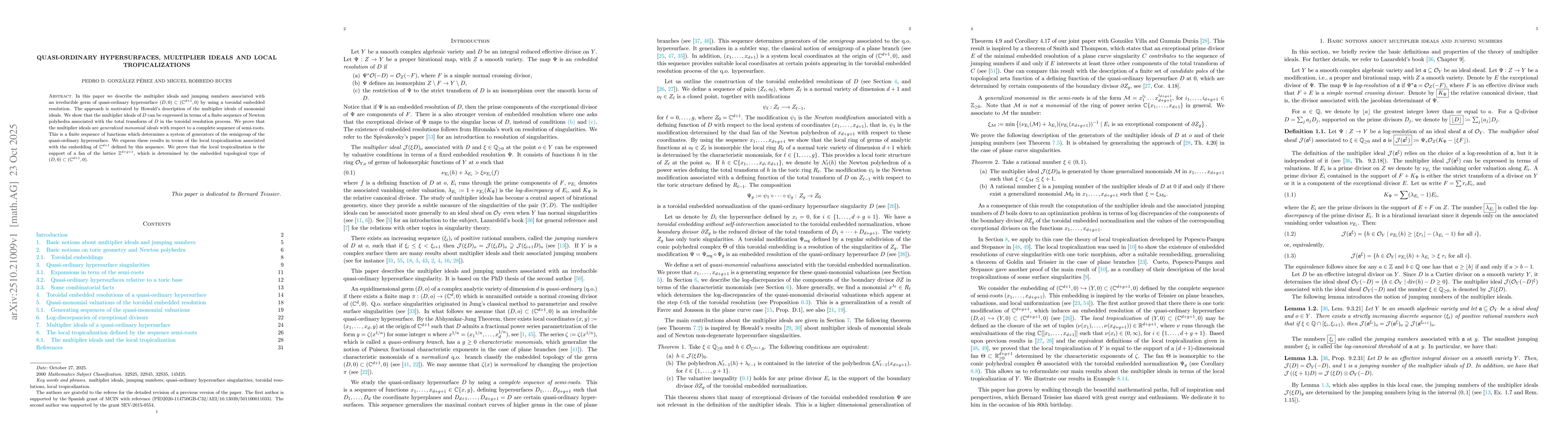 Thumbnail for Quasi-ordinary hypersurfaces, multiplier ideals and local
  tropicalizations