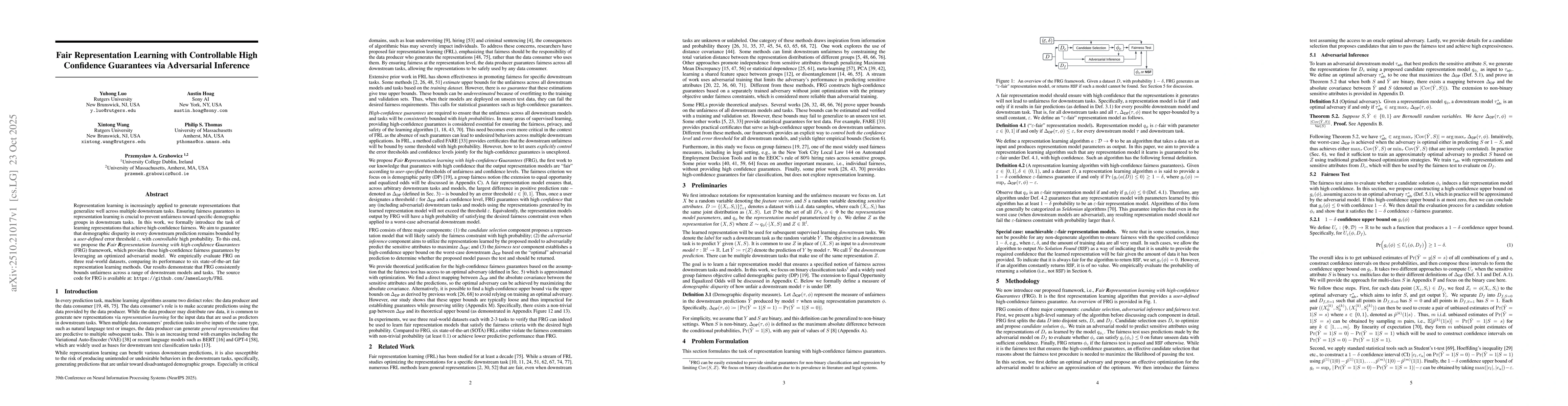 Thumbnail for Fair Representation Learning with Controllable High Confidence
  Guarantees via Adversarial Inference