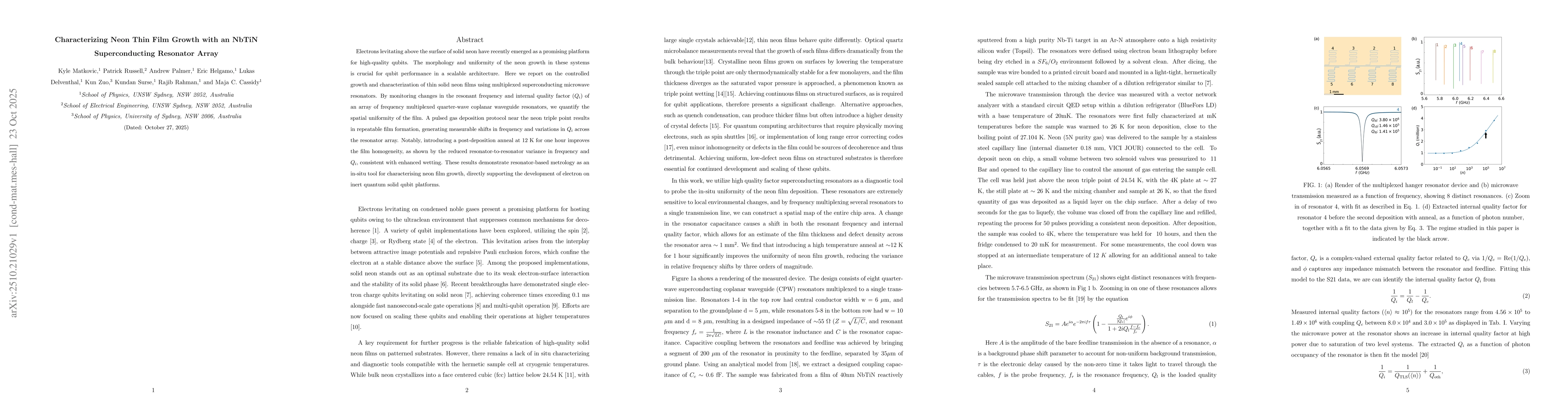 Thumbnail for Characterizing Neon Thin Film Growth with an NbTiN Superconducting
  Resonator Array