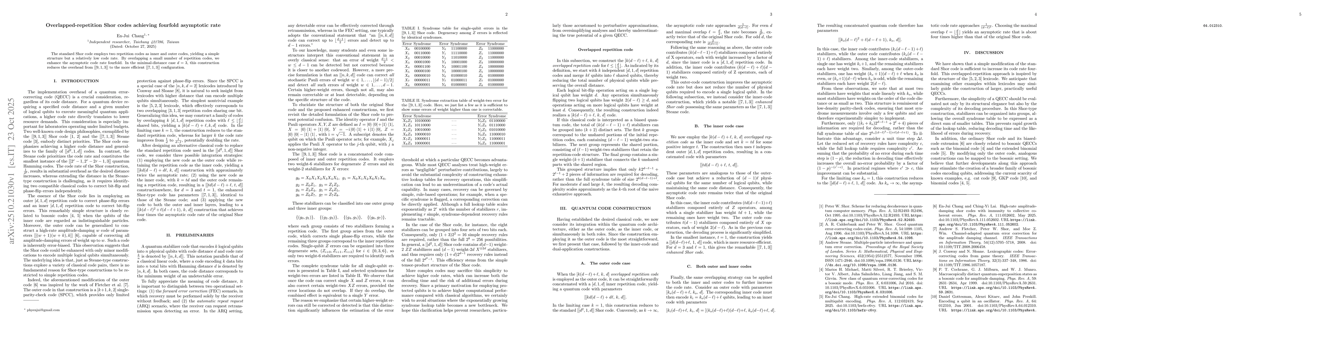 Thumbnail for Overlapped-repetition Shor codes achieving fourfold asymptotic rate