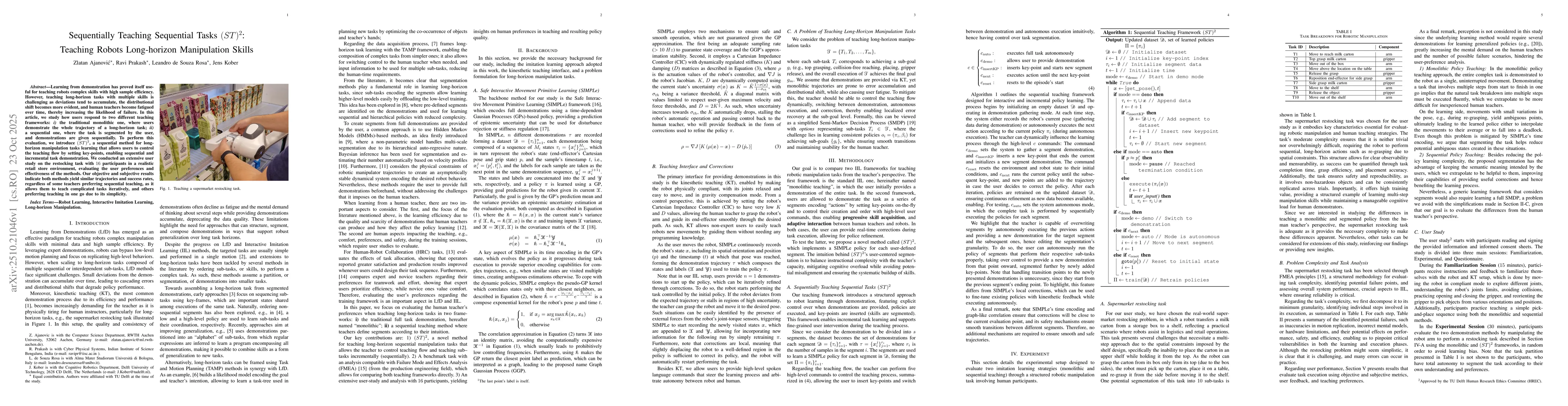 Thumbnail for Sequentially Teaching Sequential Tasks $(ST)^2$: Teaching Robots
  Long-horizon Manipulation Skills