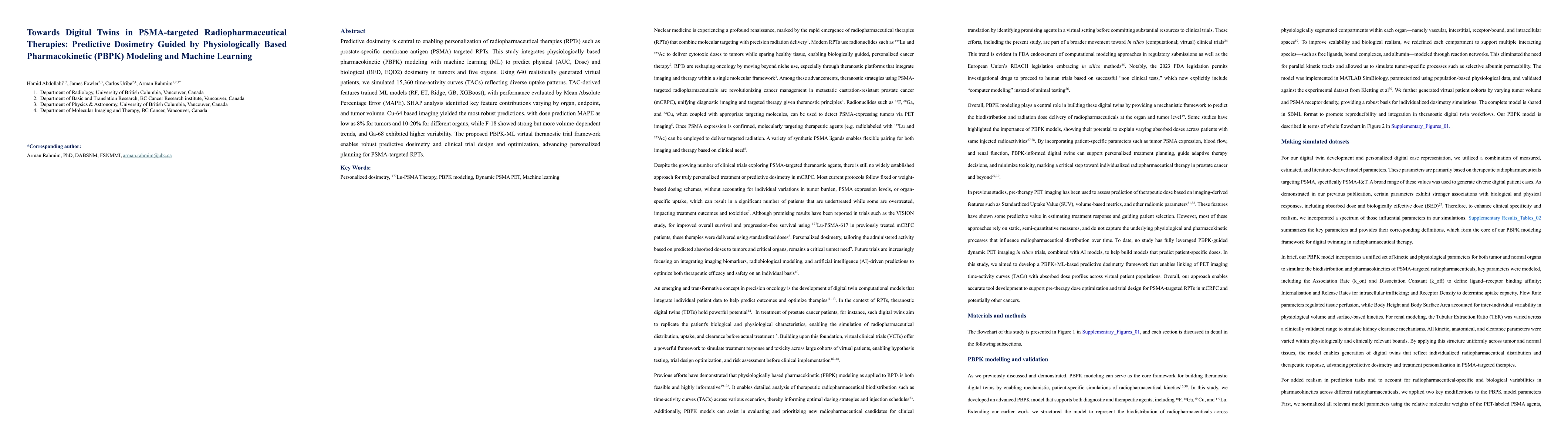 Thumbnail for Towards Digital Twins in PSMA-targeted Radiopharmaceutical Therapies:
  Predictive Dosimetry Guided by Physiologically Based Pharmacokinetic (PBPK)
  Modeling and Machine Learning