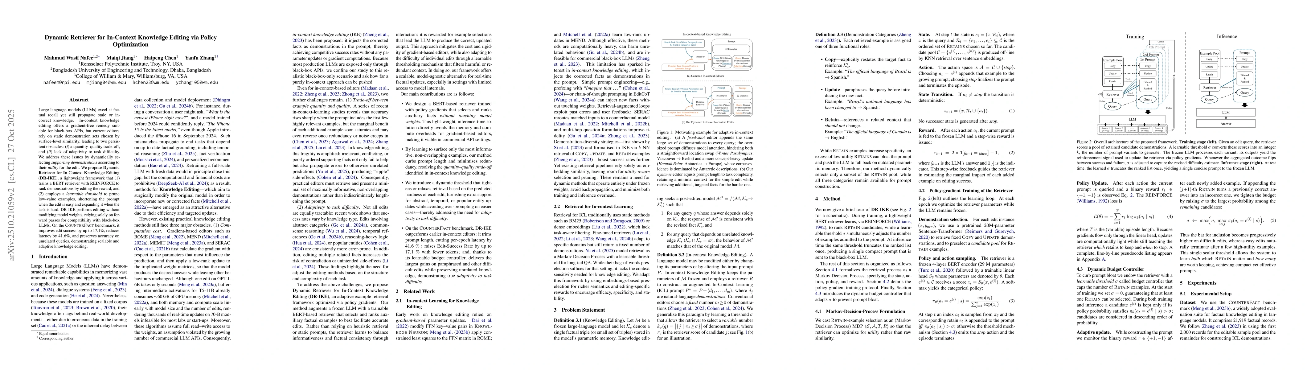 Thumbnail for Dynamic Retriever for In-Context Knowledge Editing via Policy
  Optimization