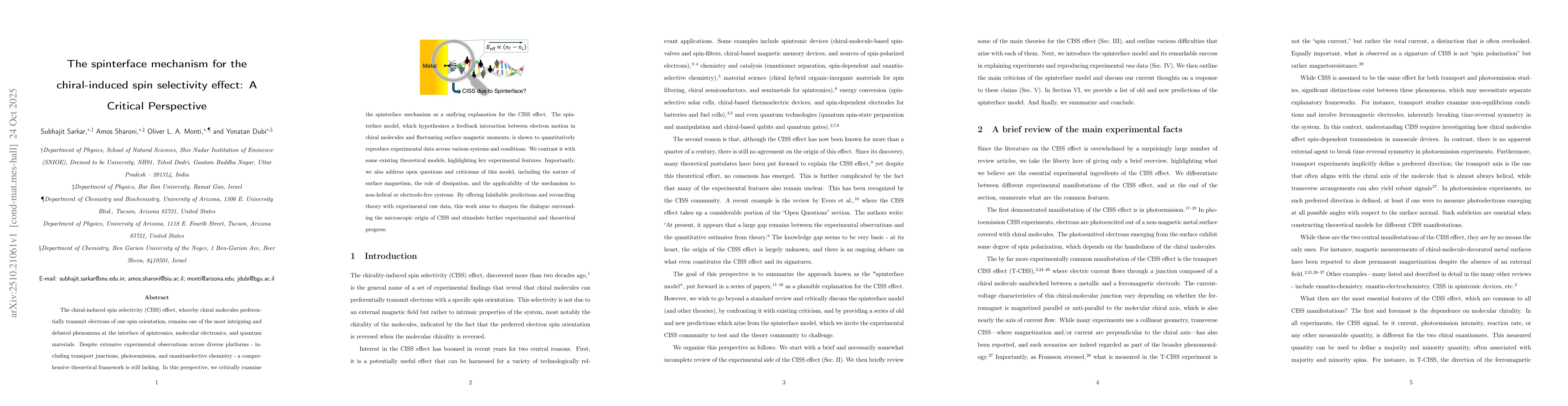 Thumbnail for The spinterface mechanism for the chiral-induced spin selectivity
  effect: A Critical Perspective