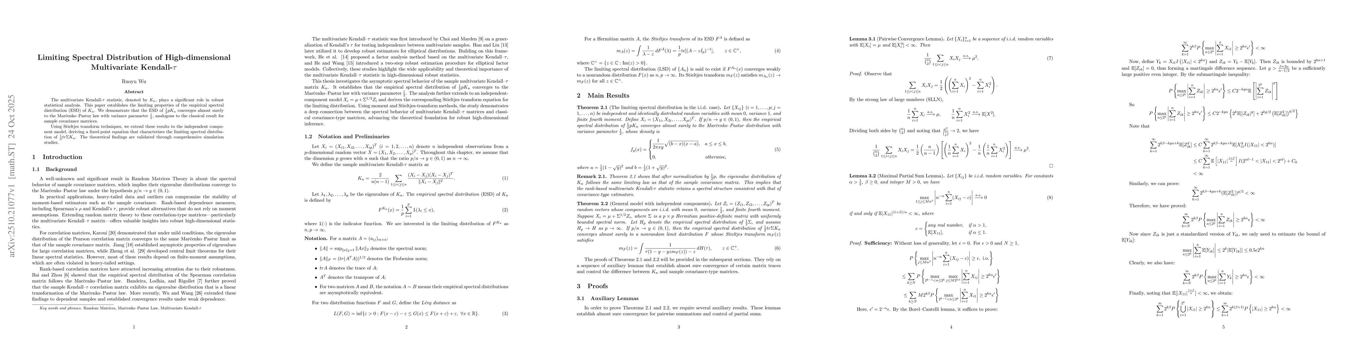 Thumbnail for Limiting Spectral Distribution of High-dimensional Multivariate
  Kendall-$τ$