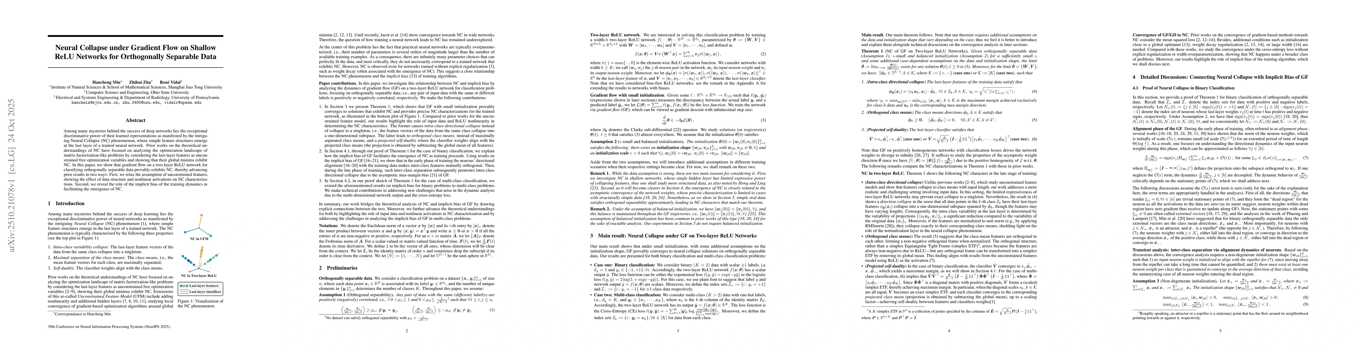Thumbnail for Neural Collapse under Gradient Flow on Shallow ReLU Networks for
  Orthogonally Separable Data
