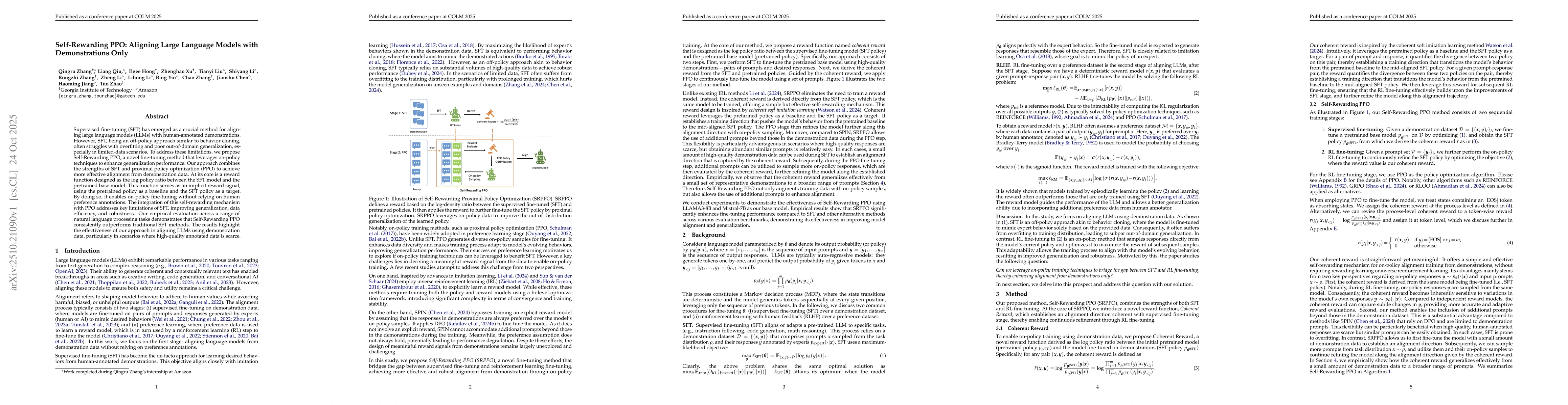 Thumbnail for Self-Rewarding PPO: Aligning Large Language Models with Demonstrations
  Only