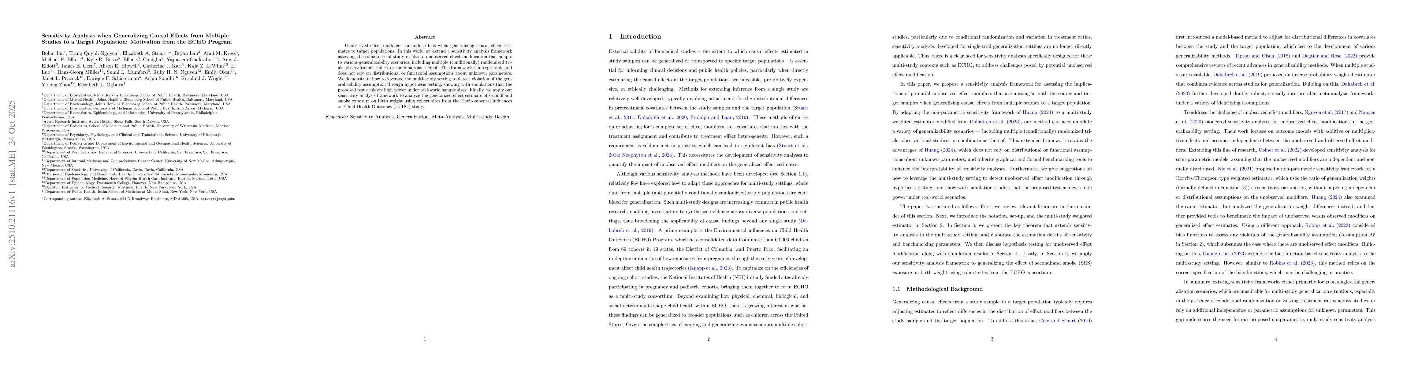 Thumbnail for Sensitivity Analysis when Generalizing Causal Effects from Multiple
  Studies to a Target Population: Motivation from the ECHO Program