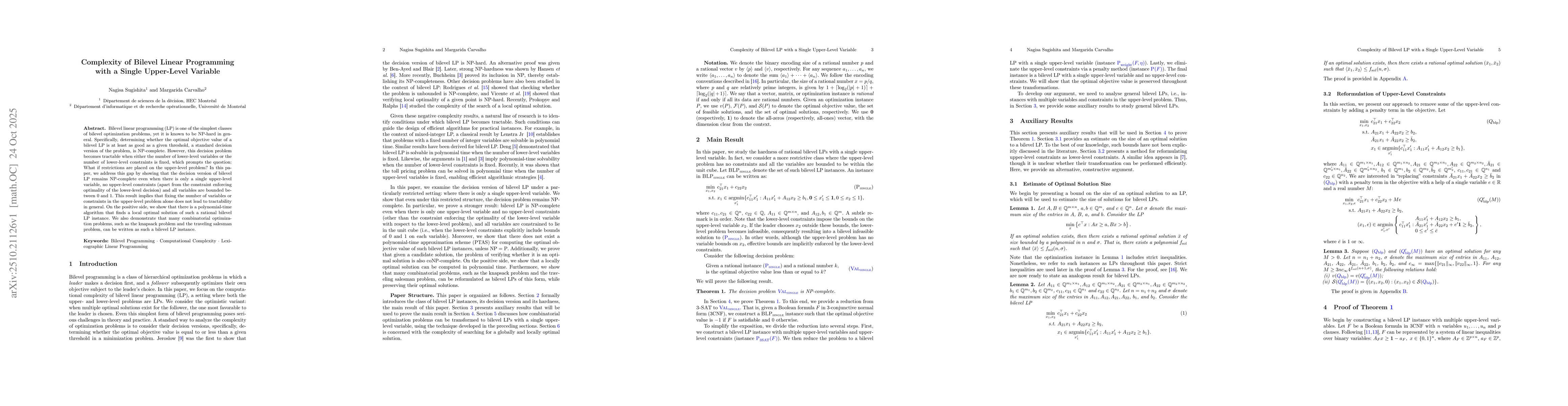 Thumbnail for Complexity of Bilevel Linear Programming with a Single Upper-Level
  Variable