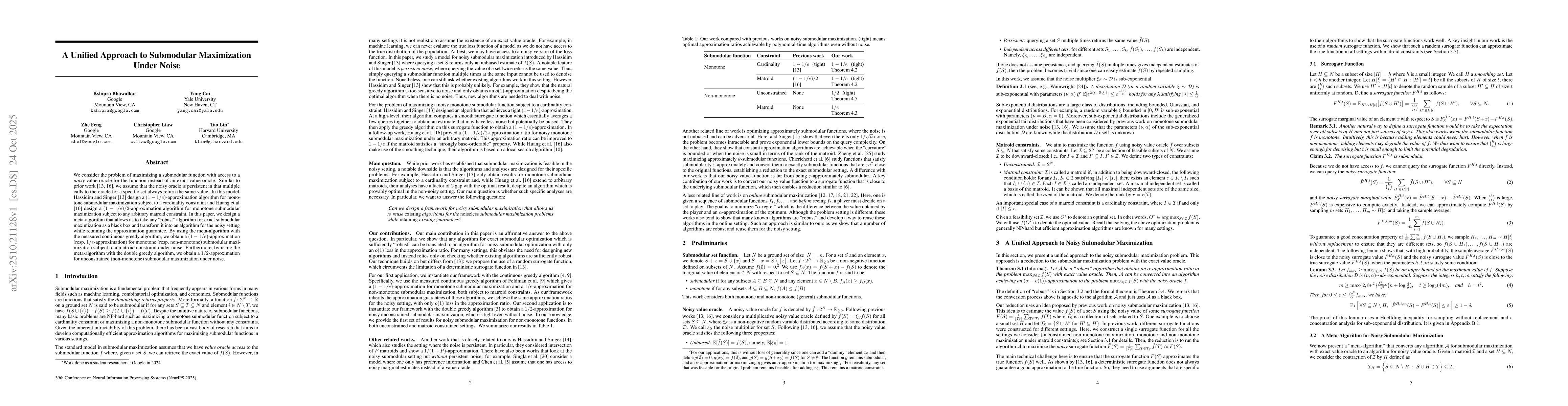 Thumbnail for A Unified Approach to Submodular Maximization Under Noise