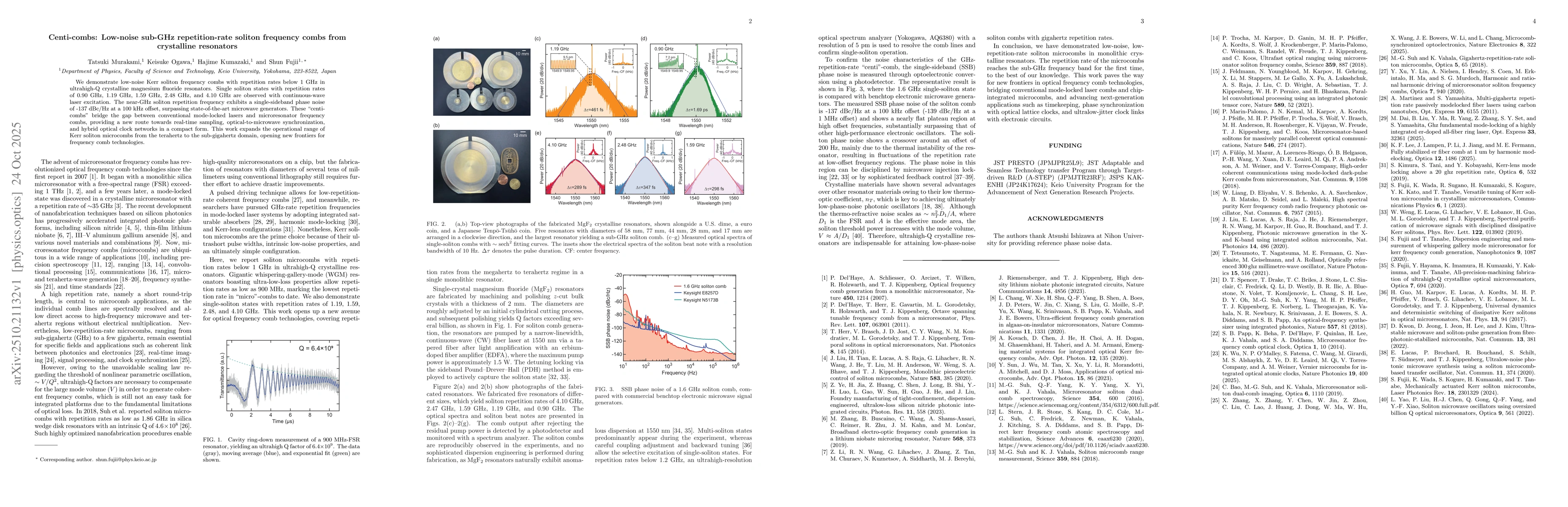Thumbnail for Centi-combs: Low-noise sub-GHz repetition-rate soliton frequency combs
  from crystalline resonators