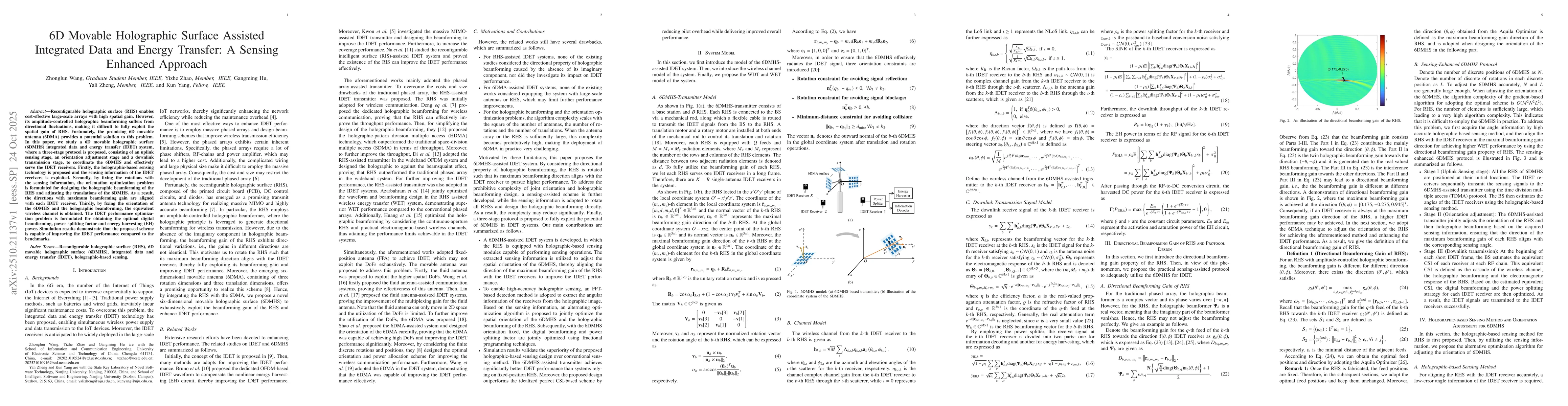 Thumbnail for 6D Movable Holographic Surface Assisted Integrated Data and Energy
  Transfer: A Sensing Enhanced Approach