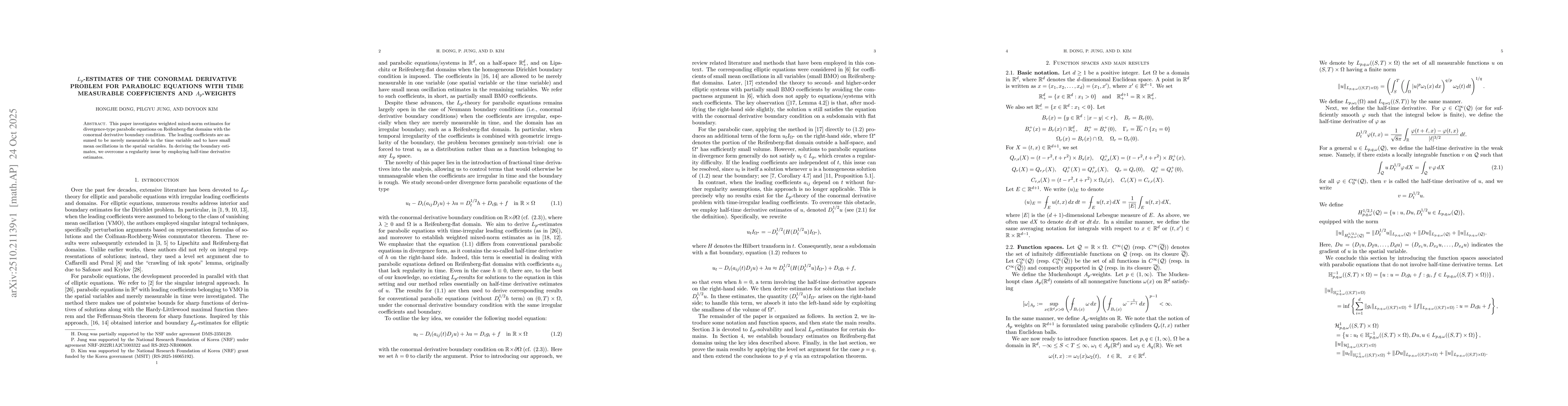 Thumbnail for $L_p$-estimates of the conormal derivative problem for parabolic
  equations with time measurable coefficients and $A_p$-weights