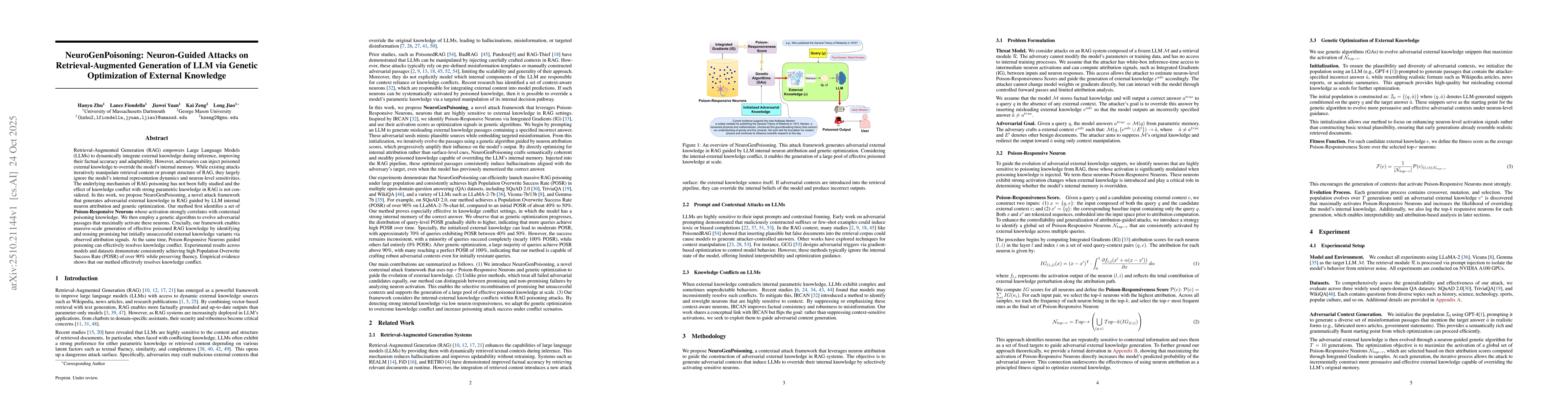 Thumbnail for NeuroGenPoisoning: Neuron-Guided Attacks on Retrieval-Augmented
  Generation of LLM via Genetic Optimization of External Knowledge
