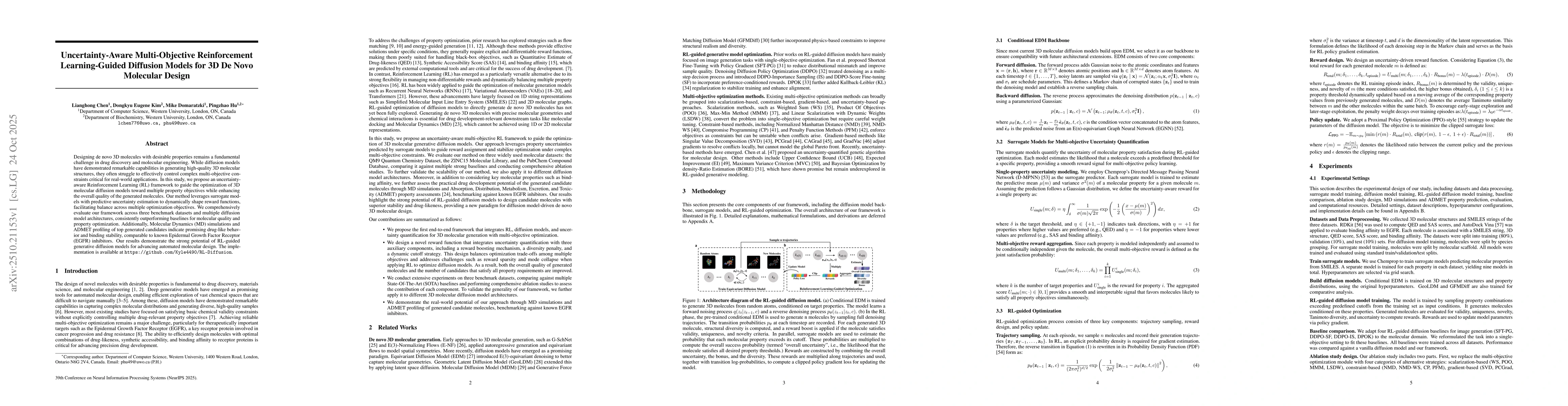 Thumbnail for Uncertainty-Aware Multi-Objective Reinforcement Learning-Guided
  Diffusion Models for 3D De Novo Molecular Design