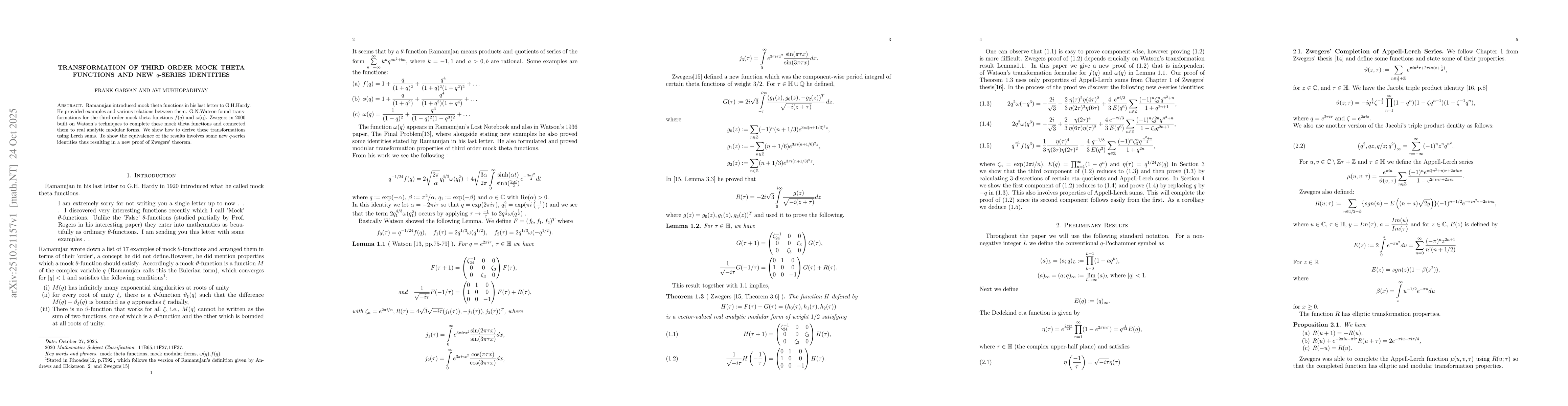 Thumbnail for Transformation of Third Order Mock Theta Functions and New $q$-Series
  Identities