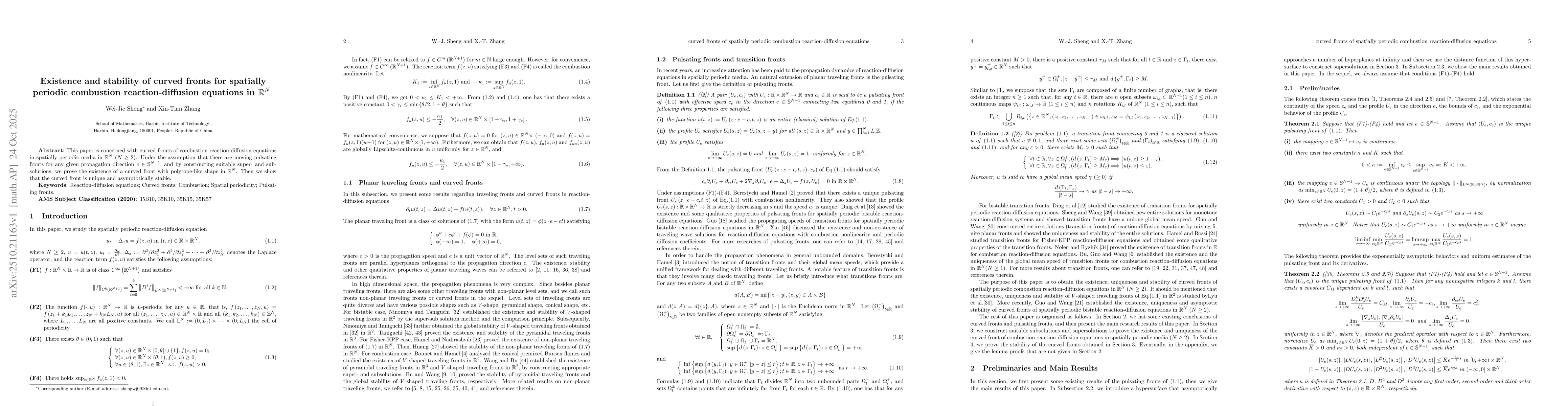 Thumbnail for Existence and stability of curved fronts for spatially periodic
  combustion reaction-diffusion equations in $\mathbb{R}^N$