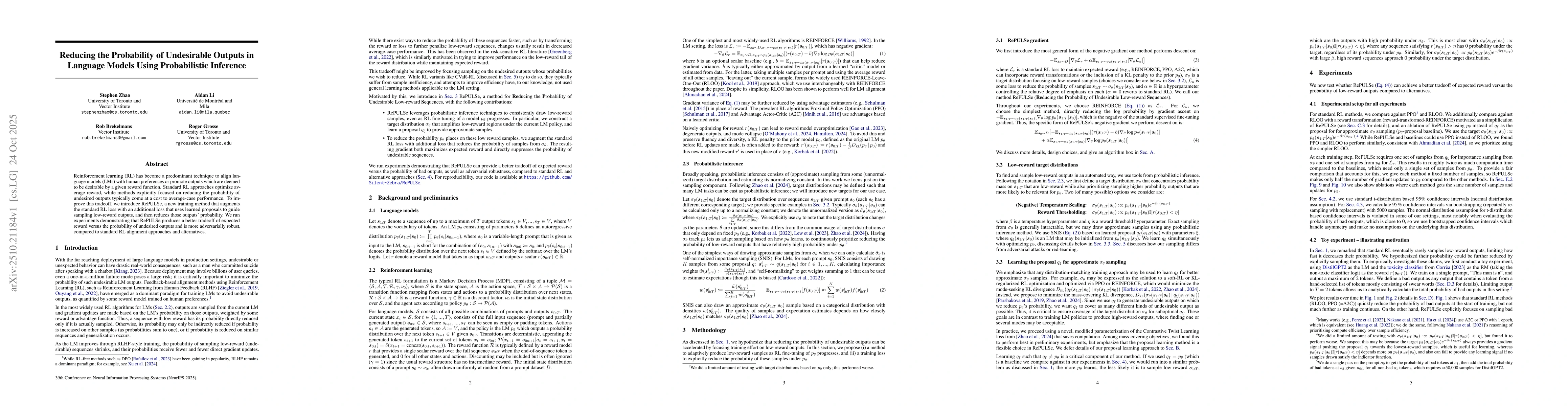 Thumbnail for Reducing the Probability of Undesirable Outputs in Language Models Using
  Probabilistic Inference