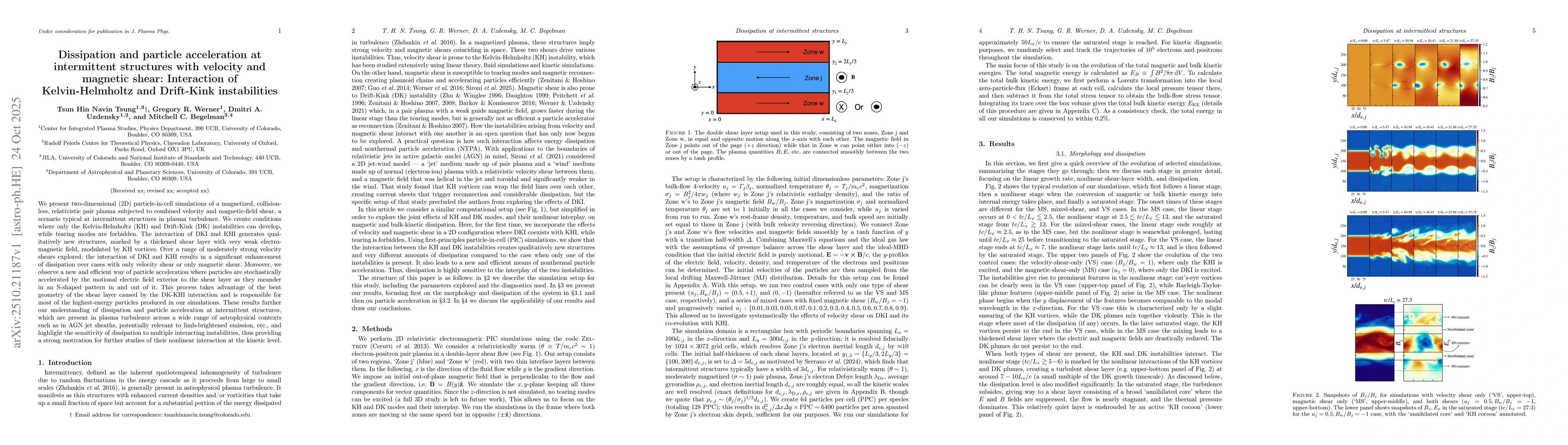 Thumbnail for Dissipation and particle acceleration at intermittent structures with
  velocity and magnetic shear: Interaction of Kelvin-Helmholtz and Drift-Kink
  instabilities