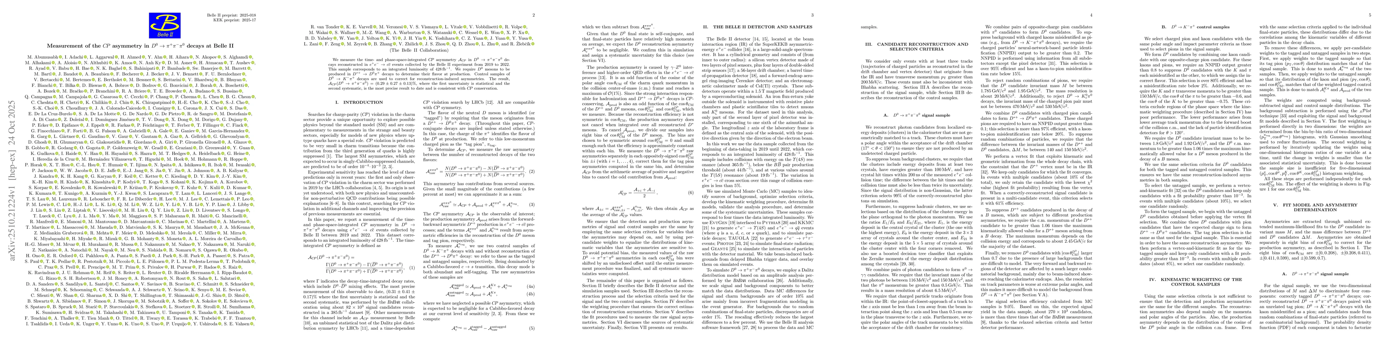 Thumbnail for Measurement of the $CP$ asymmetry in $D^0\toπ^+π^-π^0$ decays at
  Belle II