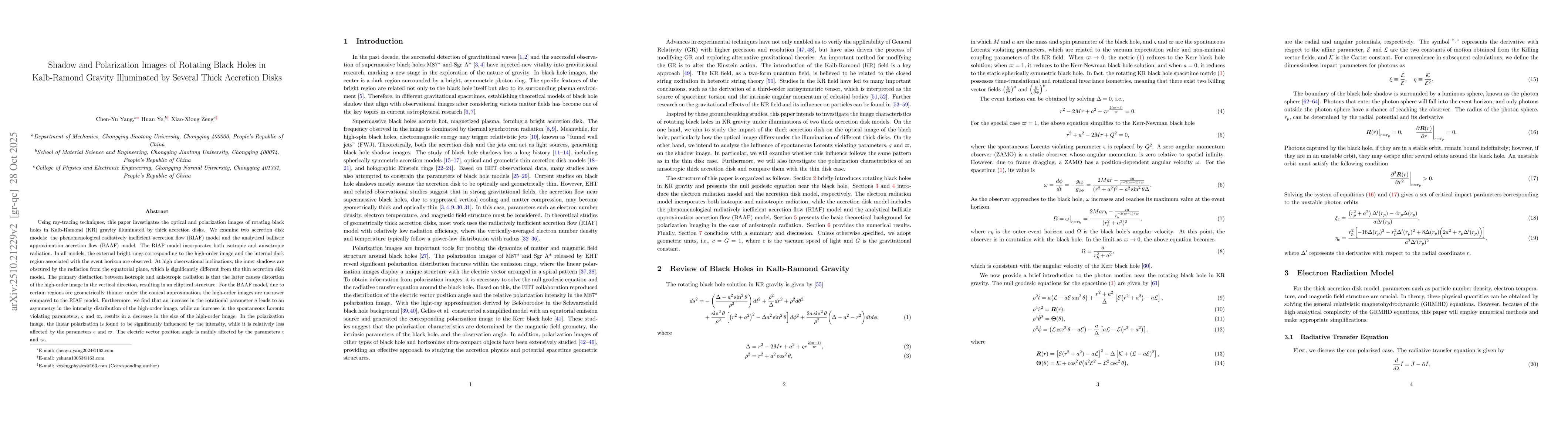 Thumbnail for Shadow and Polarization Images of Rotating Black Holes in Kalb-Ramond
  Gravity Illuminated by Several Thick Accretion Disks