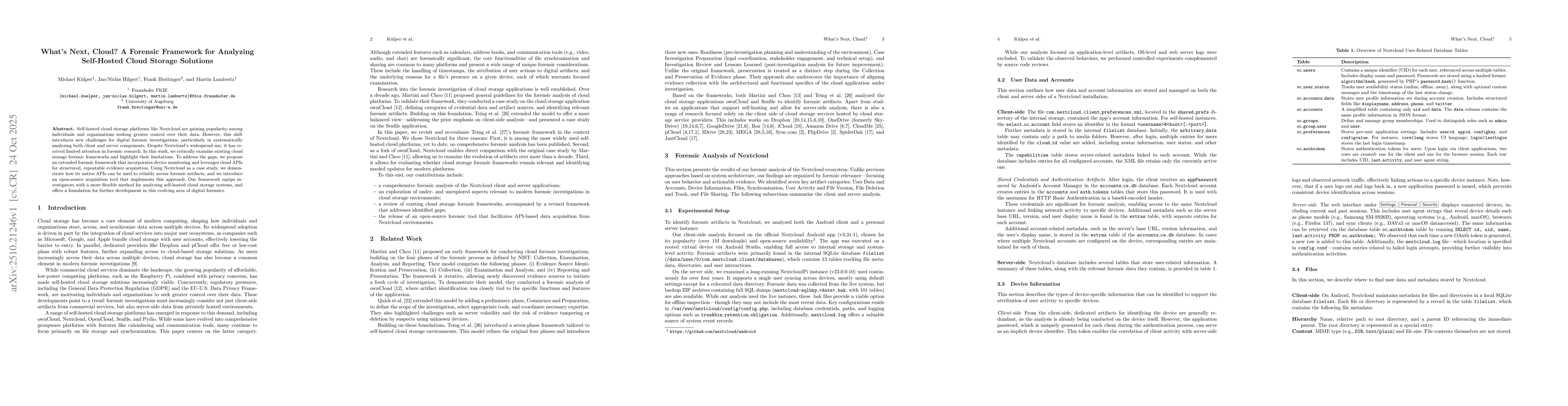 Thumbnail for What's Next, Cloud? A Forensic Framework for Analyzing Self-Hosted Cloud
  Storage Solutions