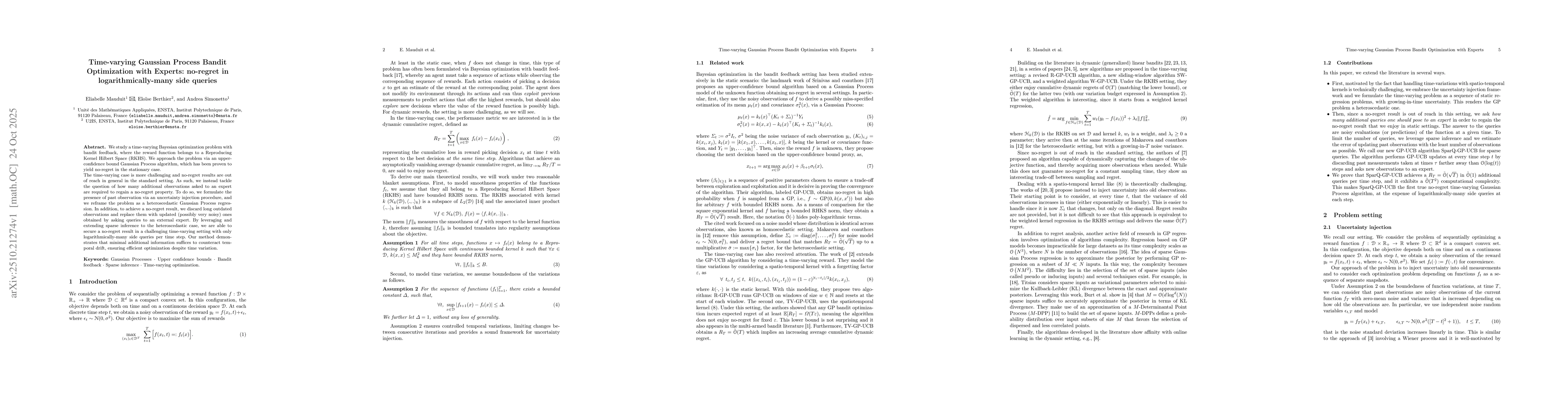 Thumbnail for Time-varying Gaussian Process Bandit Optimization with Experts:
  no-regret in logarithmically-many side queries