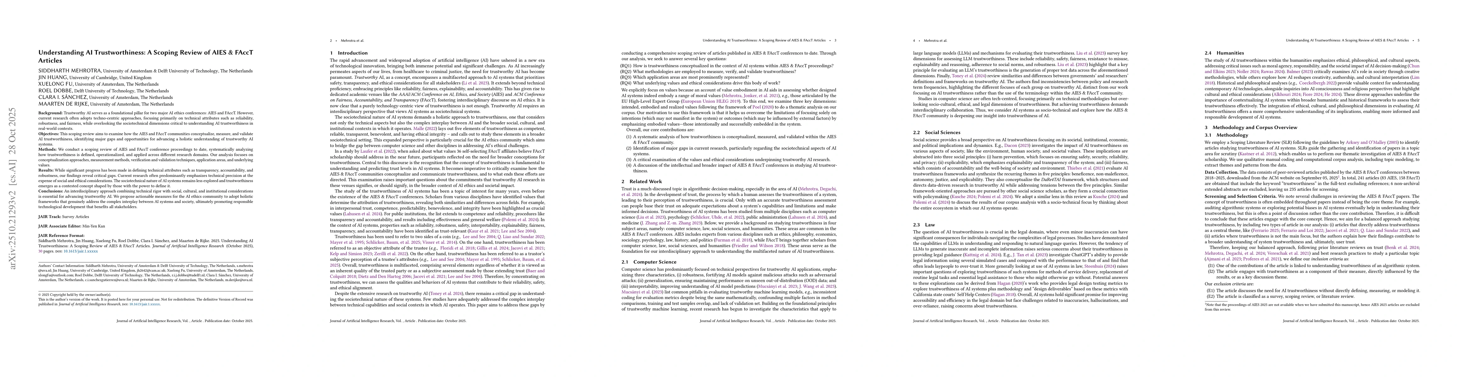Thumbnail for Understanding AI Trustworthiness: A Scoping Review of AIES & FAccT
  Articles