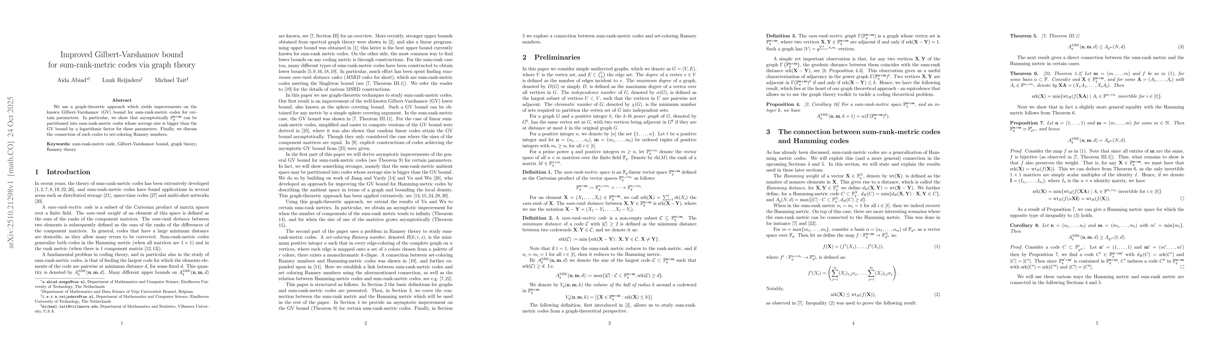 Thumbnail for Improved Gilbert-Varshamov bound for sum-rank-metric codes via graph
  theory