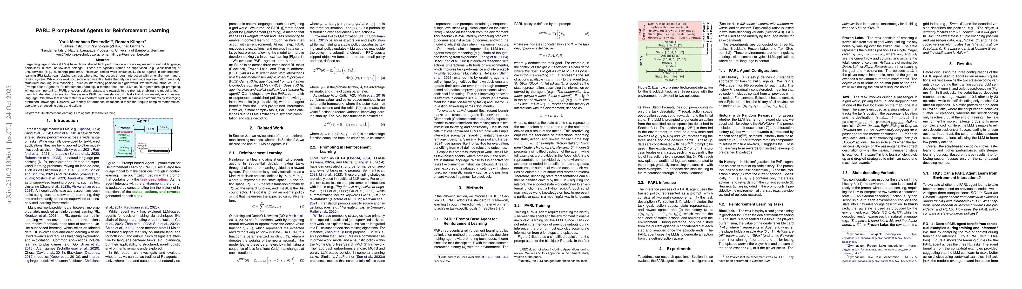 Thumbnail for PARL: Prompt-based Agents for Reinforcement Learning
